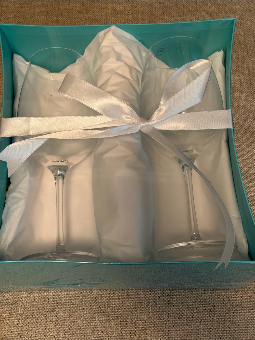Tiffany & Co. Signature Blue Gift Box with Clear Stemmed Wine Glasses